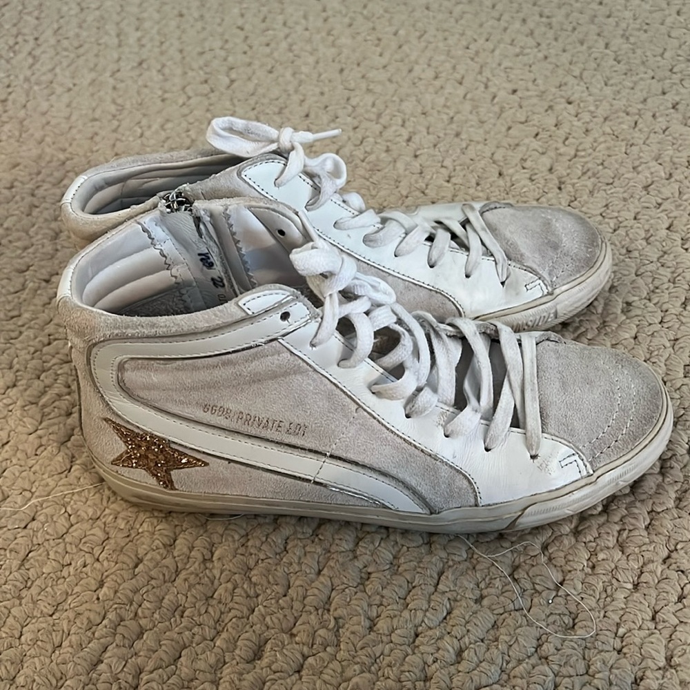Golden Goose White Suede & Leather High-Top Sneakers with Gold Star